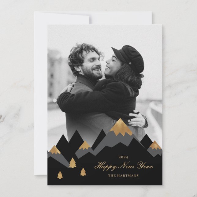 Elegant Gold Black Mountains Photo New Year  Holiday Card (Front)