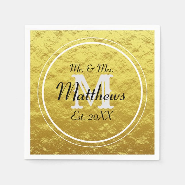 Elegant Gold Black Mr and Mrs Wedding Initial Napkins (Front)