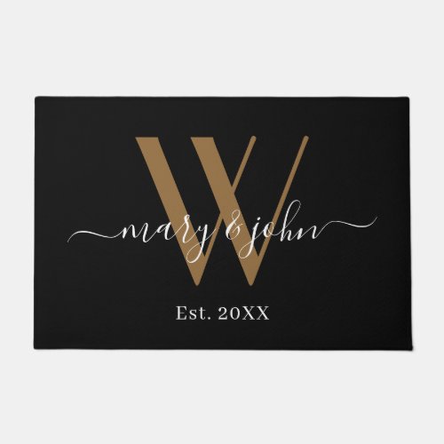 Elegant Gold Black Names Script Monogram Wedding Doormat