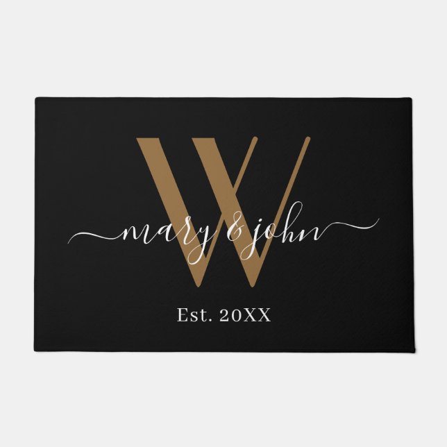 Elegant Gold Black Names Script Monogram Wedding Doormat (Front)
