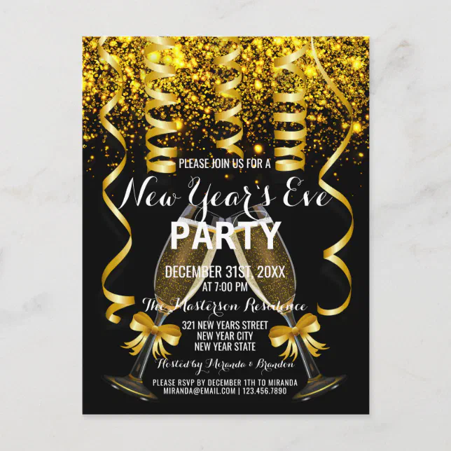 Elegant Gold Black New Year`s Eve Party Invitation Postcard | Zazzle