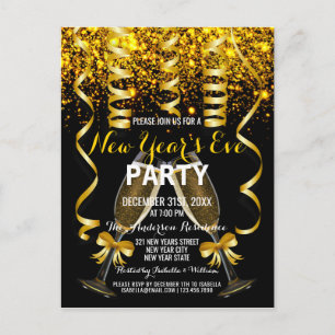 Elegant Gold Black New Year`s Eve Party Invitation Postcard