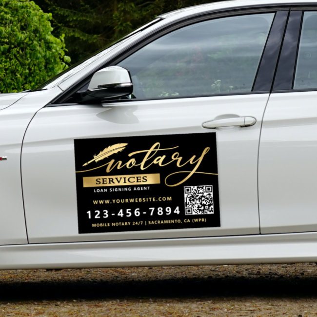 Elegant Gold & Black Notary Services QR Code  Car Magnet