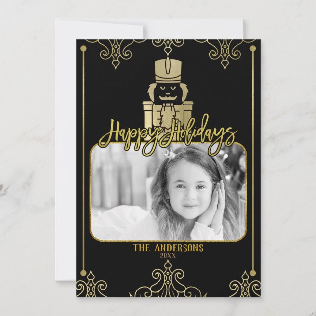 Elegant Gold Black Nutcracker Holiday Photo Card (Front)