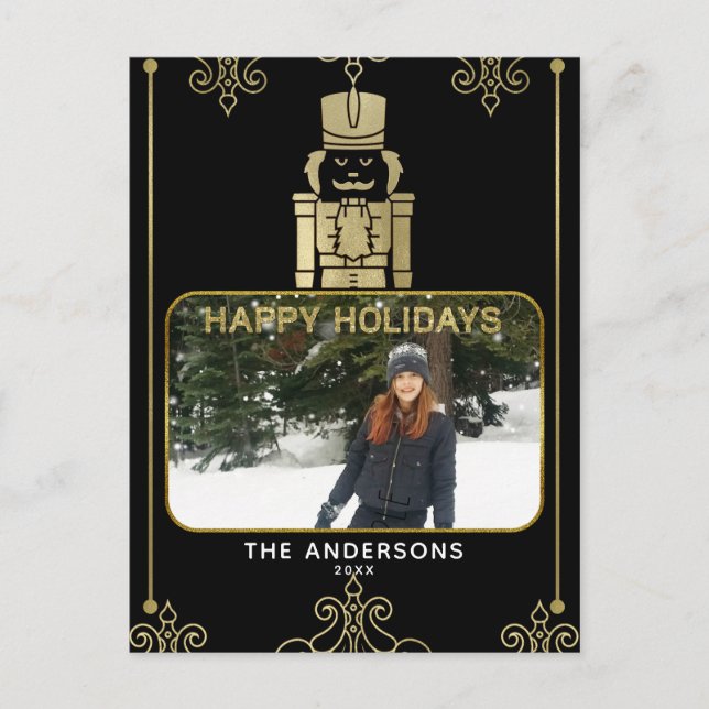Elegant Gold & Black Nutcracker Holiday Photo Postcard (Front)