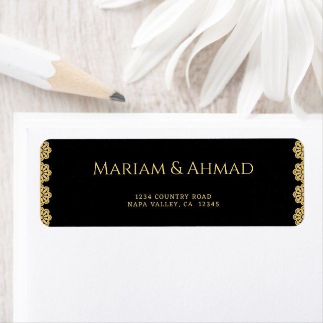 Elegant Gold & Black Ornamental Wedding Address Label (Insitu)