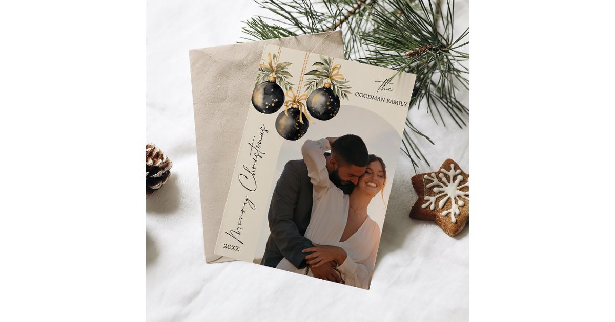 Elegant Gold Black Ornaments Arch Photo CHRISTMAS Holiday Card | Zazzle