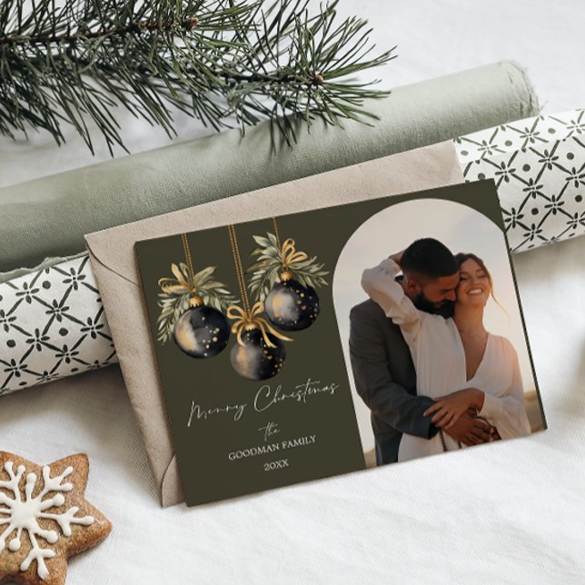 Elegant Gold Black Ornaments Arch Photo Holiday Postcard (ELEGANT ARCH SHAPED FAMILY PHOTO WITH FOREST GREEN BACKGROUND AND BAUBLES WATERCOLOR ORNAMENTS)