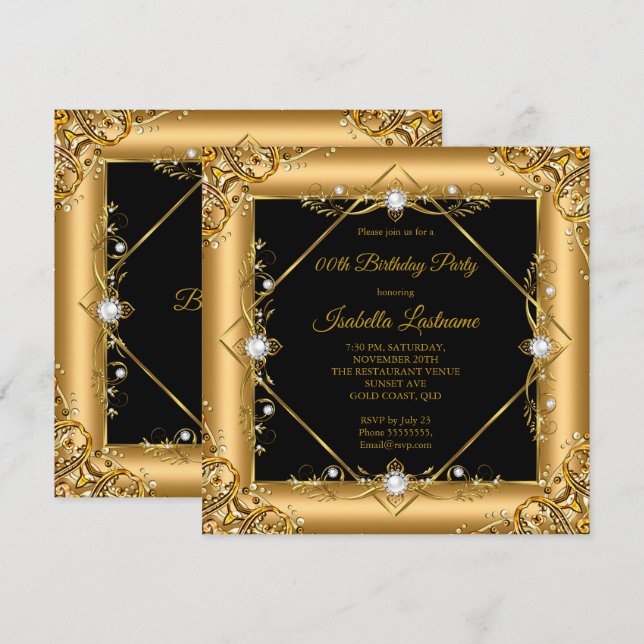 Elegant Gold Black Pearl Birthday Party Invitation (Front/Back)