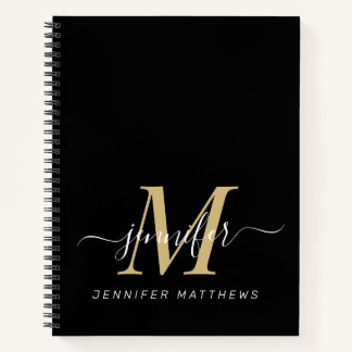 Elegant Gold Black Personalized Monogram Name Notebook