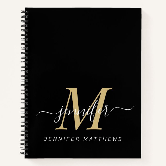Elegant Gold Black Personalized Monogram Name Notebook (Front)