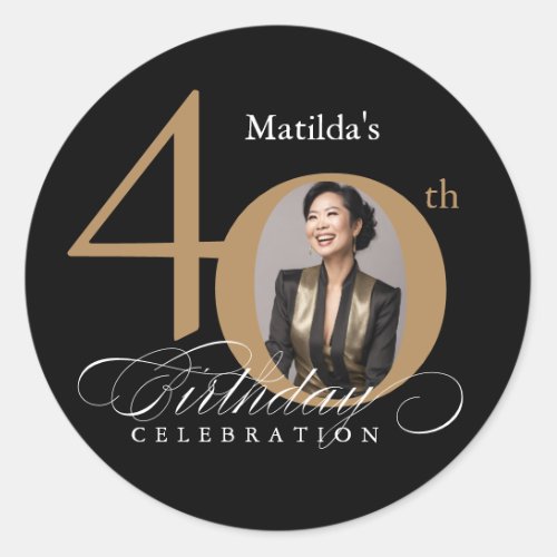 Elegant Gold Black Photo 40th Birthday Classic Round Sticker