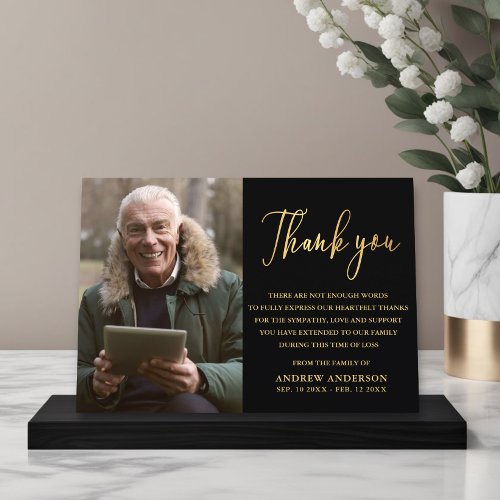 Elegant Gold  Black Photo Funeral Thank You Card