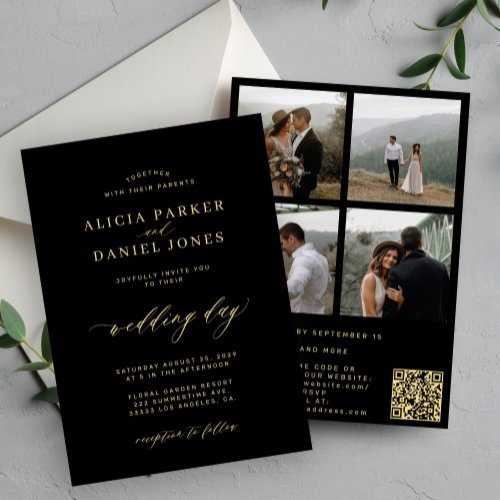 Elegant gold black photo QR code RSVP wedding Invitation
