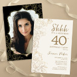 Elegant Gold Black Photo Surprise 40th Birthday Invitation<br><div class="desc">Elegant gold cream and black surprise 40th birthday party invitation with your photo on the back of the card. Trendy modern feminine design features botanical accents and typography script font. Simple floral invite card perfect for a stylish female surprise bday celebration. Can be customized to any age. Printed Zazzle invitations...</div>