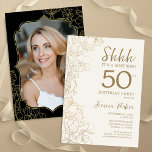 Elegant Gold Black Photo Surprise 50th Birthday Invitation<br><div class="desc">Elegant gold cream and black surprise 50th birthday party invitation with your photo on the back of the card. Trendy modern feminine design features botanical accents and typography script font. Simple floral invite card perfect for a stylish female surprise bday celebration. Can be customized to any age. Printed Zazzle invitations...</div>