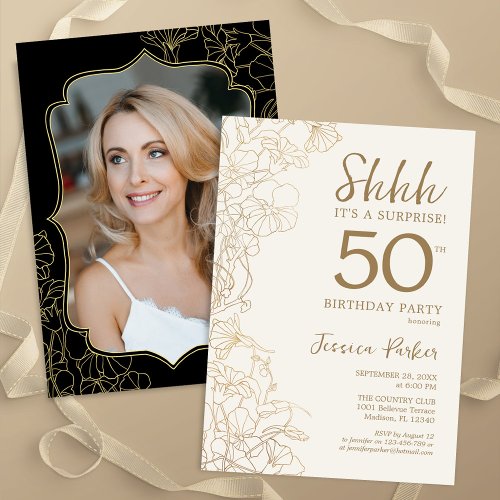 Elegant Gold Black Photo Surprise 50th Birthday Invitation