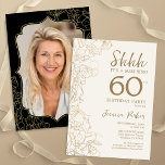 Elegant Gold Black Photo Surprise 60th Birthday Invitation<br><div class="desc">Elegant gold cream and black surprise 60th birthday party invitation with your photo on the back of the card. Trendy modern feminine design features botanical accents and typography script font. Simple floral invite card perfect for a stylish female surprise bday celebration. Can be customized to any age. Printed Zazzle invitations...</div>