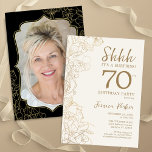 Elegant Gold Black Photo Surprise 70th Birthday Invitation<br><div class="desc">Elegant gold cream and black surprise 70th birthday party invitation with your photo on the back of the card. Trendy modern feminine design features botanical accents and typography script font. Simple floral invite card perfect for a stylish female surprise bday celebration. Can be customized to any age. Printed Zazzle invitations...</div>