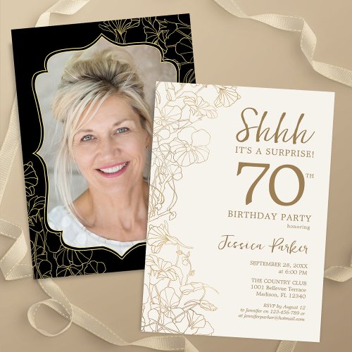 Elegant Gold Black Photo Surprise 70th Birthday Invitation