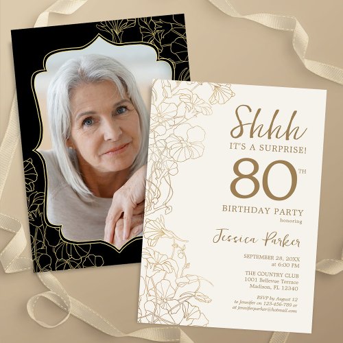 Elegant Gold Black Photo Surprise 80th Birthday Invitation