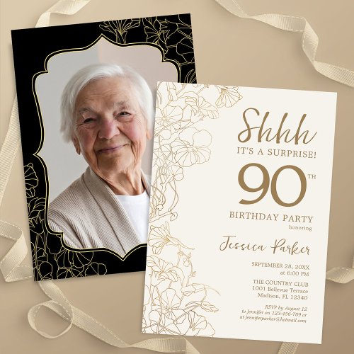 Elegant Gold Black Photo Surprise 90th Birthday Invitation
