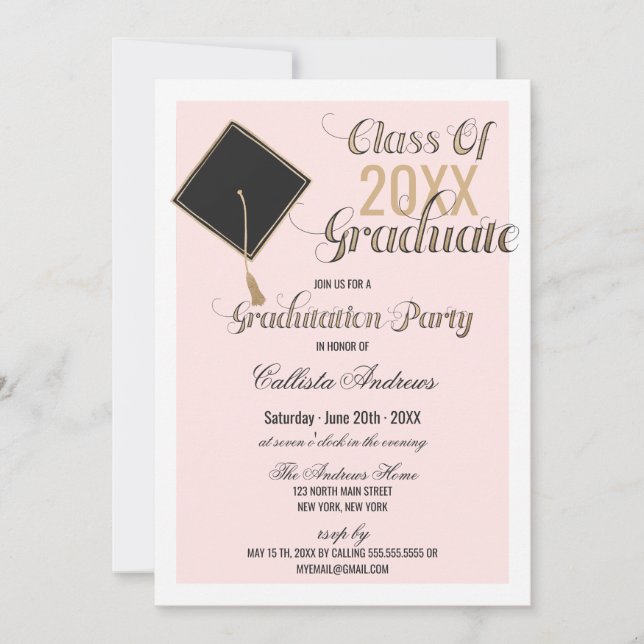 Elegant Gold Black Pink Cap Typography Graduation Invitation (Front)