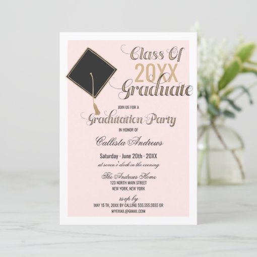 Elegant Gold Black Pink Cap Typography Graduation Invitation | Zazzle