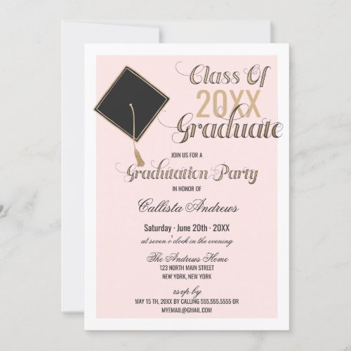 Elegant Gold Black Pink Cap Typography Graduation Invitation