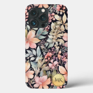 Elegant Gold Black Pink Floral Watercolor Monogram iPhone 13 Pro Case
