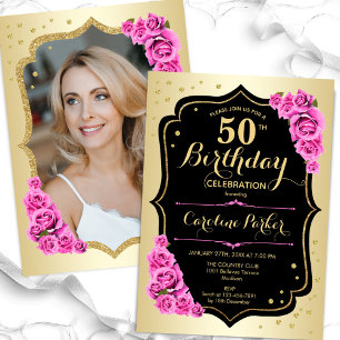 Elegant Gold Black Pink Photo 50th Birthday Invitation