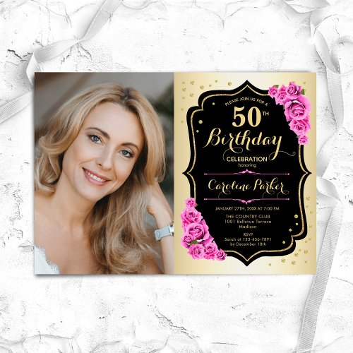 Elegant Gold Black Pink Roses Photo 50th Birthday Invitation