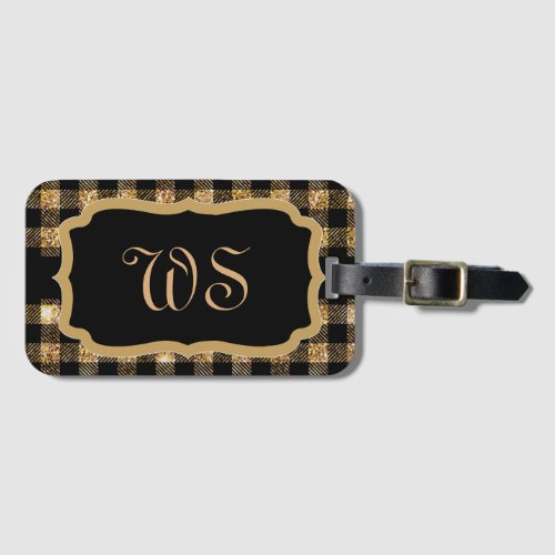 Elegant Gold Black Plaid Pattern Chic Monogrammed Luggage Tag