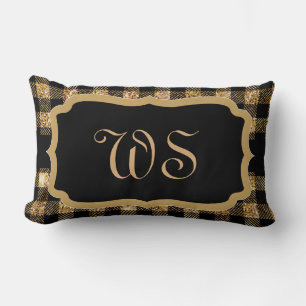 Elegant Gold Black Plaid Pattern Chic Monogrammed Lumbar Pillow