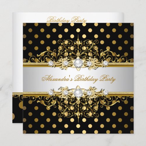 Elegant Gold Black Polka Dots Birthday Party Invitation