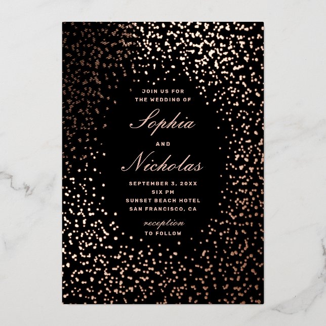 Elegant gold black polka dots modern wedding foil invitation (Front)