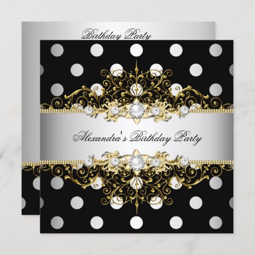 Elegant Gold Black Polka Silver Birthday Party Invitation