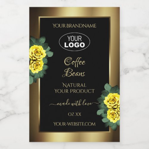 Elegant Gold Black Product Label Yellow Roses Logo