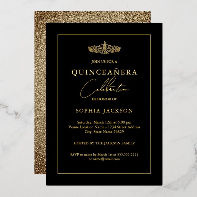 Elegant Gold Black Quinceanera 15th  Foil Invitation (Front/Back)