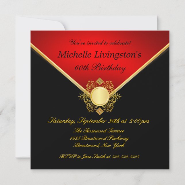 Elegant Gold Black Red Filigree Emblem Invites (Front)