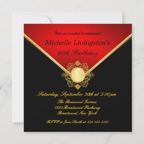 Elegant Gold Black Red Filigree Emblem Invites