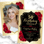 Elegant Gold Black Red Photo 50th Birthday Invitation<br><div class="desc">Elegant floral feminine 50th birthday invitation with your photo at the back of the card. Glam design with faux gold. Features red roses, script font and confetti. Perfect for a stylish adult bday celebration party. Personalise with your own details. Can be customised for any age! Printed Zazzle invitations or instant...</div>