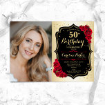 Elegant Gold Black Red Roses Photo 50th Birthday Invitation<br><div class="desc">Elegant floral feminine 50th birthday invitation with your photo. Glam design with faux gold. Features red roses,  script font and confetti. Perfect for a stylish adult bday celebration party. Personalise with your own details. Can be customised for any age! Printed Zazzle invitations or instant download digital printable template.</div>