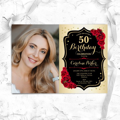 Elegant Gold Black Red Roses Photo 50th Birthday Invitation