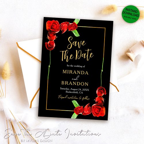 Elegant Gold Black Red Roses Save The Date Card