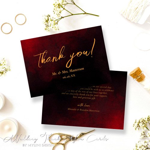 Elegant Gold Black Red Wedding Thank You Card