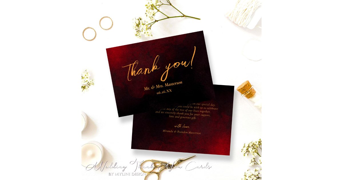 Elegant Gold Black Red Wedding Thank You Card | Zazzle
