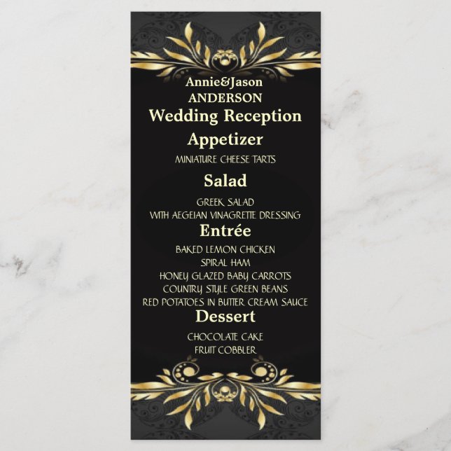 Elegant Gold black Regal Wedding Reception Menu (Front)