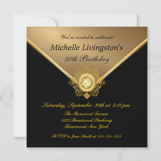 Elegant Gold Black Rhinestone Birthday Invitations (Front)