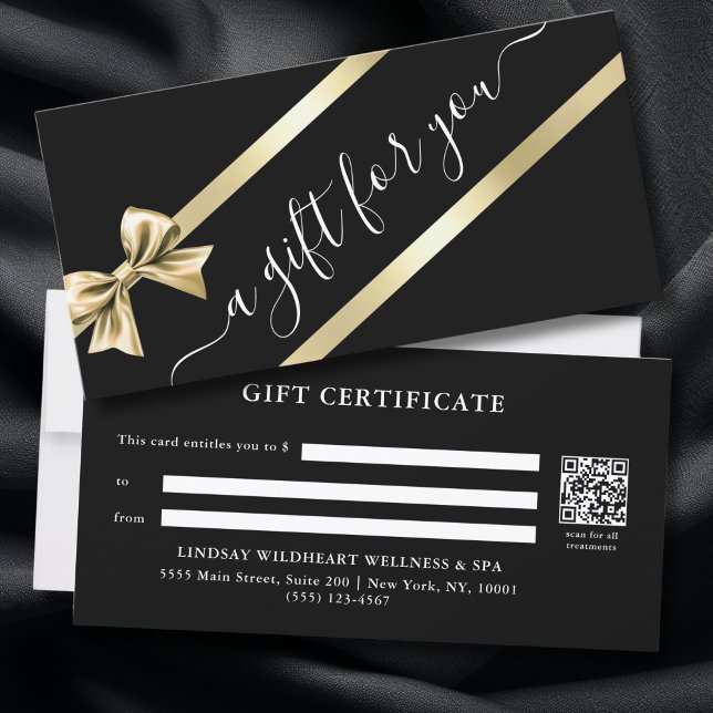 ELEGANT GOLD BLACK RIBBON GIFT CERTIFICATE (ELEGANT GOLD BLACK RIBBON QR CODE BUSINESS GIFT CERTIFICATE)